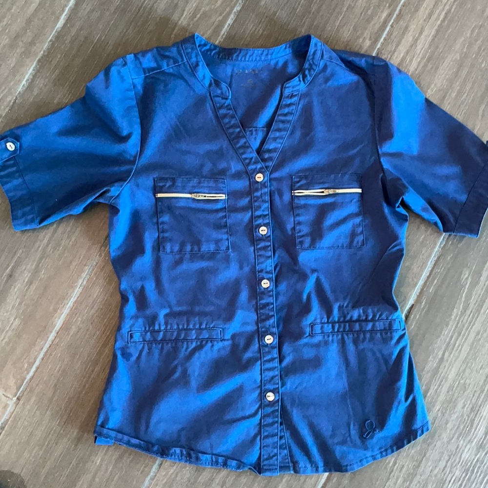 Jaanuu Button up scrub top XS navy blue